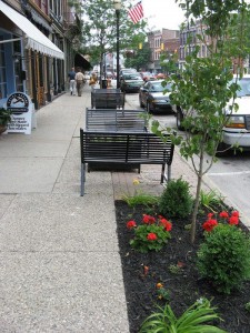 OCCOutdoors benches, planters and trash receptacles on the street and along the Ohio River in Madison Indiana